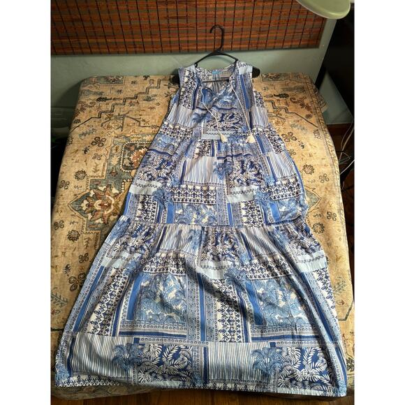 J Mclaughlin Christa Tropical Print Tassel Maxi Dress Tiered Sundress Small - Picture 1 of 7